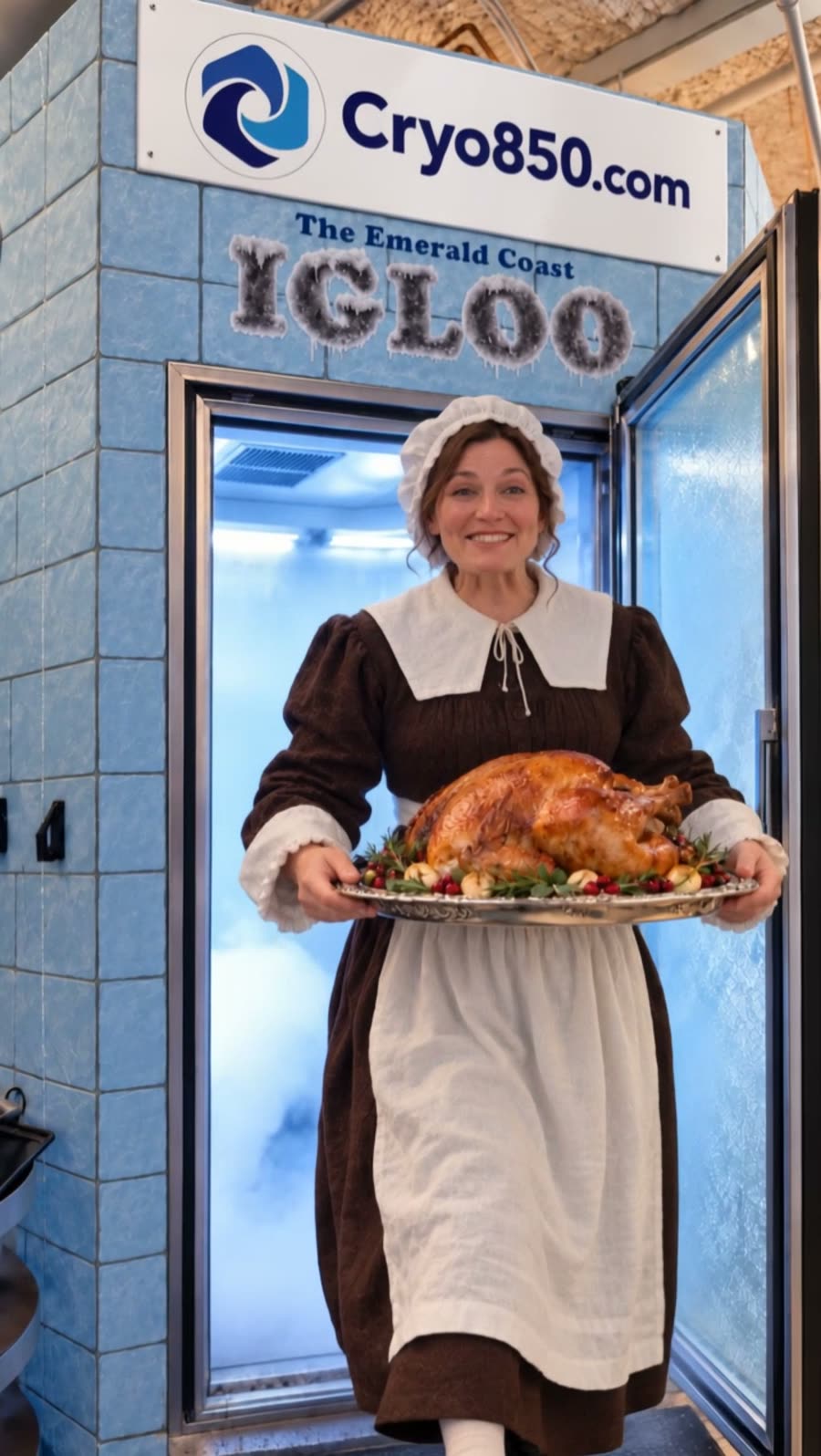 Cryo850 seasonal campaign — a pilgrim steps out of the cryotherapy chamber