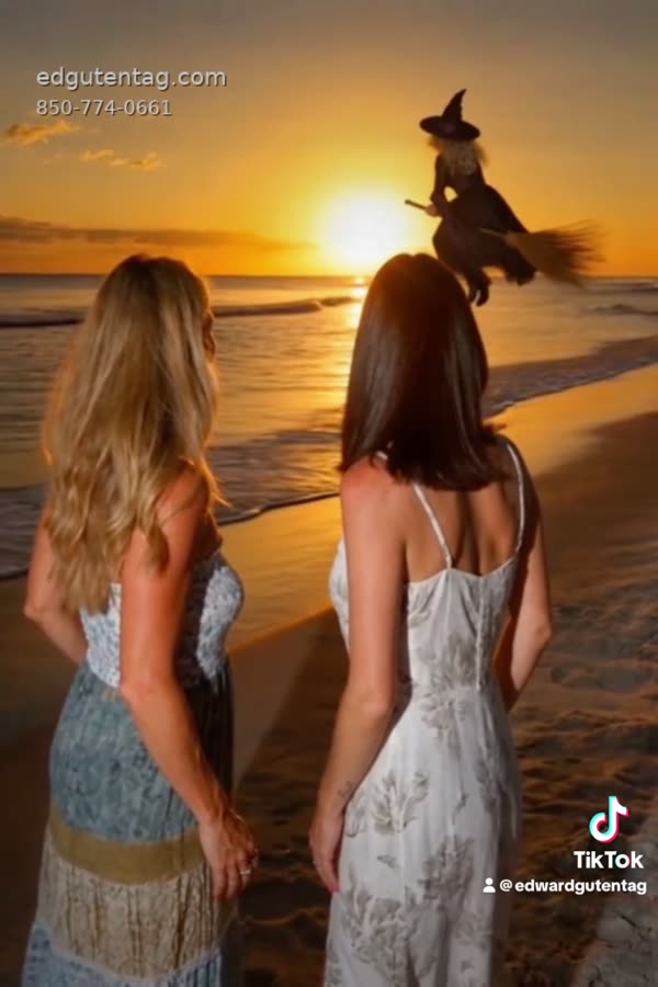 A witch flies in behind a beach portrait at sunset