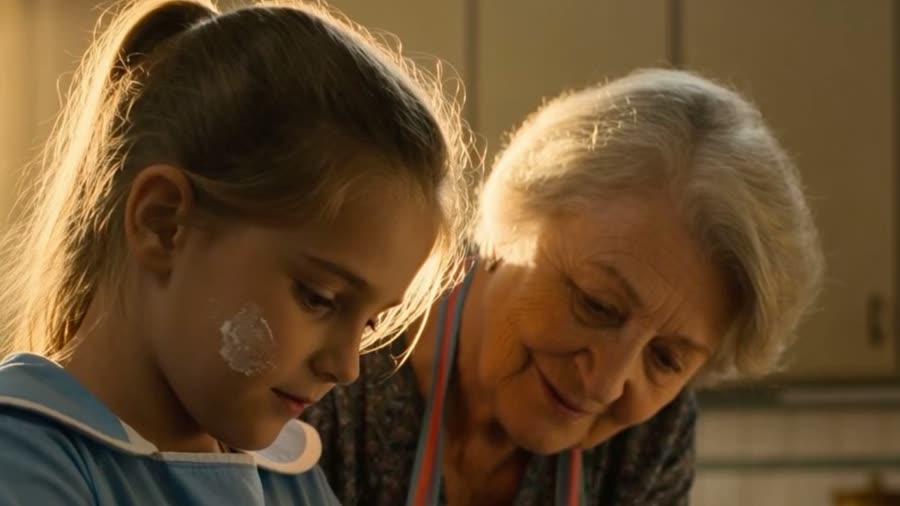 A grandmother and child in a period kitchen