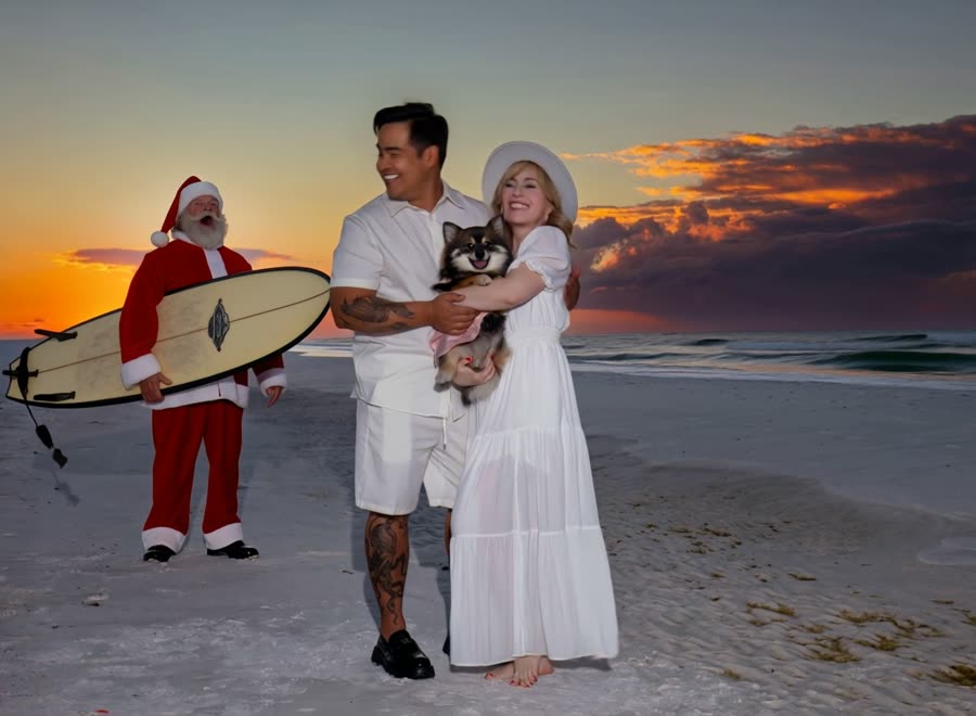 Santa walks past a family beach portrait carrying a surfboard